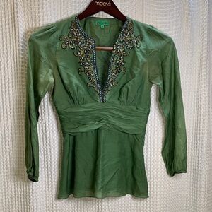 Tibi Green Beaded V-Neck Long Sleeve Blouse
